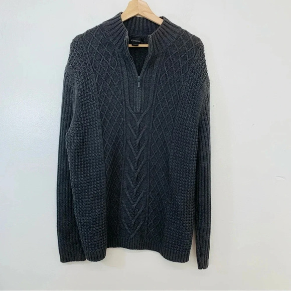 Vintage Express Sweater Men Large Cable  Knit  Gray Long Sleeve 1/4 Zip Warm Ski - Picture 1 of 11
